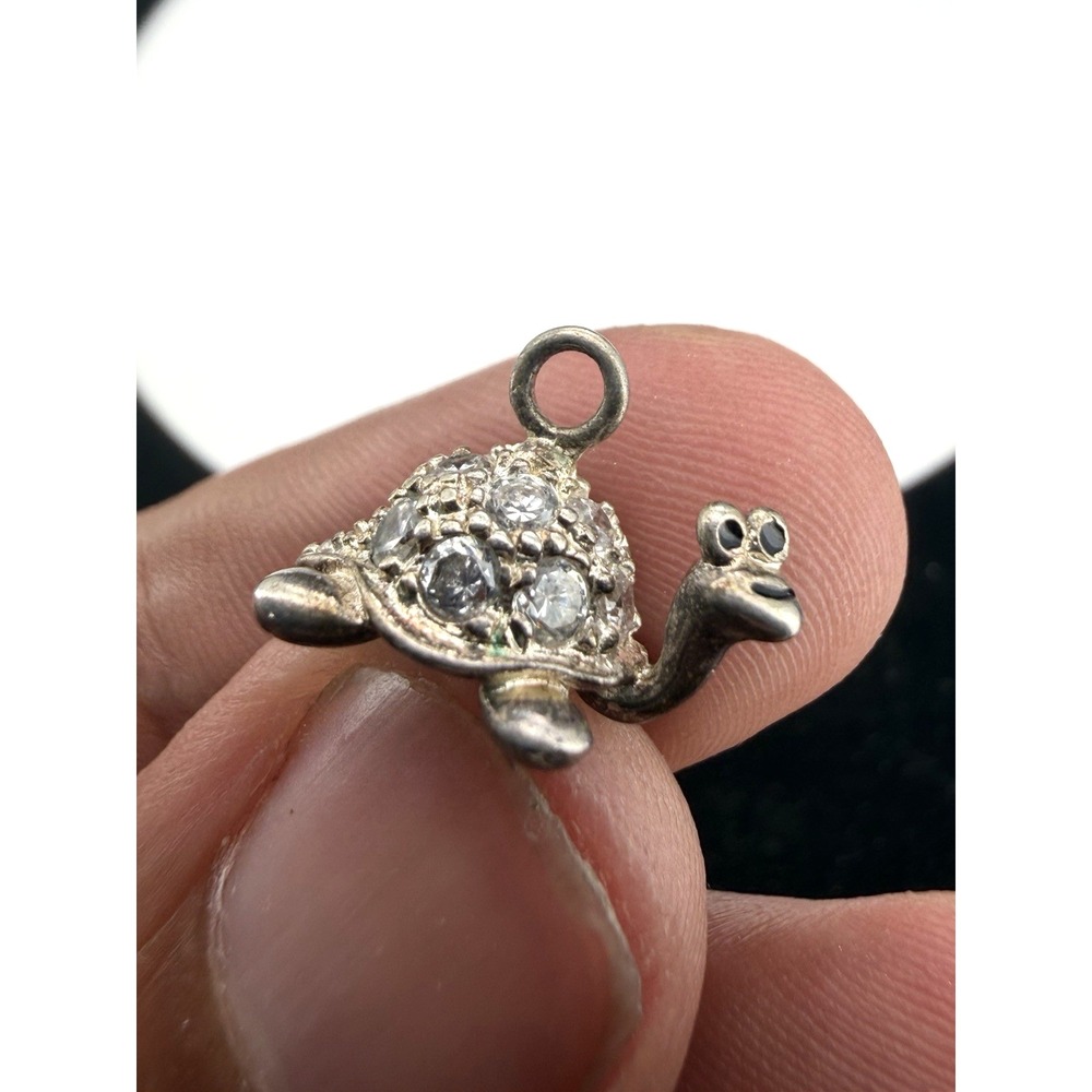 Vintage 925 Sterling Silver CZ And Black Enamel Turtle Tortoise Charm Pendant